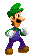 a pixel art of a cartoon character , luigi , wearing a green hat and purple overalls .