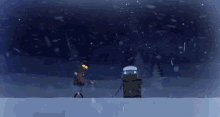 a person is standing in the snow with a fire coming out of it .