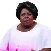 a woman with a surprised look on her face wearing a pink and white dress