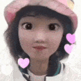 a girl wearing a pink hat and hearts around her neck is making a funny face .