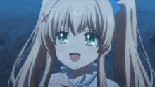 a girl with blonde hair and green eyes has a red x on her head
