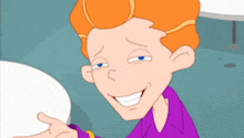 a cartoon character with orange hair is smiling and making a funny face