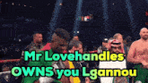 mr lovehandles owns you lgannou is written on a boxing match
