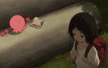 a girl with a red backpack stands next to a pink octopus and flowers