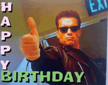 arnold schwarzenegger is giving a thumbs up in a happy birthday card