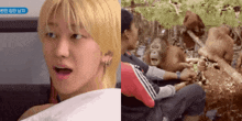 a man with a surprised look on his face is next to a picture of a monkey