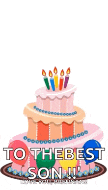 a birthday cake with candles and balloons and the words " to the best son "