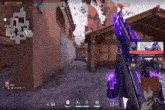 a video game is being played with a purple gun in the foreground