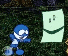 a cartoon character is standing in front of a smiley face that says 00 on it