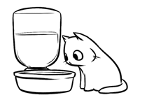 a black and white drawing of a cat sitting next to a water bowl .