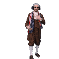 a man in a wig and scarf is pointing at his chest