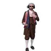 a man in a wig and scarf is pointing at his chest