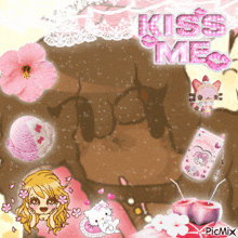 a picture of a girl surrounded by pink flowers and the words " kiss me "