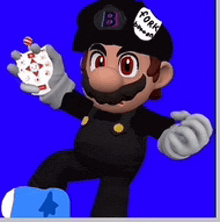 a cartoon character wearing a black hat with the letter b on it