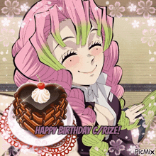 a picture of a girl with pink hair and a cake that says happy birthday g/rize