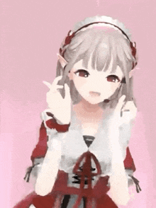 a girl wearing a red dress and a headband is pointing