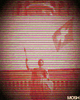 a statue of liberty is surrounded by red and green stripes with mosh written on the bottom