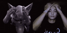 a black and white photo of a cat and a man . the cat is smiling and the man is crying .