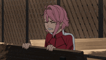 a girl with pink hair is making an angry face while sitting on a bench