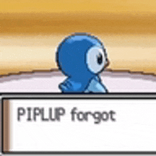 a blue penguin is standing next to a sign that says `` piplup forgot '' .
