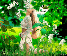 a woman in a white dress is kneeling in the grass with a bird perched on a tree branch behind her