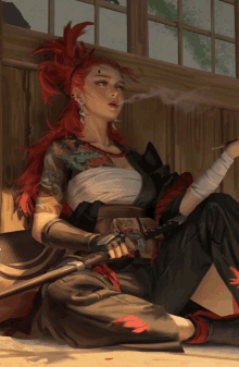 a woman with red hair is smoking a cigarette in a room
