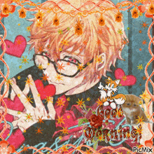 a picture of a boy with glasses holding a heart with the words good morning written on it