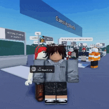 a cartoon character standing in front of a sign that says " guessing booths "