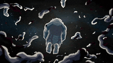 a cartoon drawing of a man in a space suit surrounded by clouds