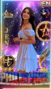 a woman in a white dress with the name jen on the bottom