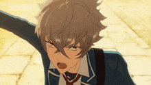 a close up of a anime character with gray hair and a red tie