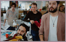 a man with a beard is holding a banana in front of his face