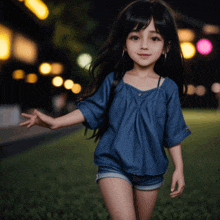 a little girl wearing a blue shirt and shorts is standing in the grass