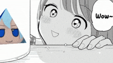 a black and white drawing of a girl with the word wow on the bottom right