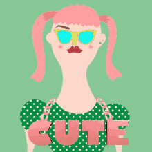 an illustration of a girl wearing sunglasses and a necklace with the word cute
