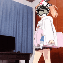 a cartoon of a girl wearing a hat and carrying a bag