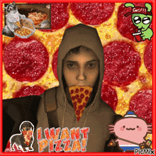 a picture of a man eating a slice of pizza with the words i want pizza on the bottom right