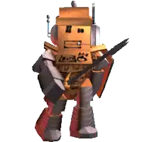 a robot holding a spear and a shield with the letters l-a-g written on it