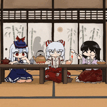 a cartoon of three girls sitting at a table