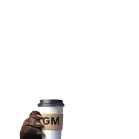a gm coffee cup is being held by a cartoon character