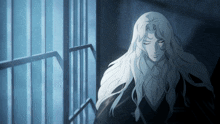 a drawing of a woman with long white hair looking out a window