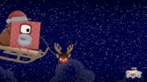 a cartoon of a brick wearing a santa hat is being pulled by a reindeer from number blocks