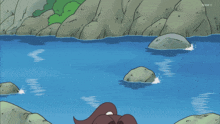 a cartoon character is standing next to a body of water with the letters nhk on the bottom right