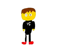 a drawing of a boy wearing a black shirt that says 75