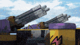 a purple and yellow container with the letter s on it