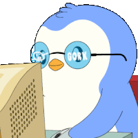 a blue and white penguin wearing glasses looks at a computer screen