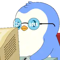 a blue and white penguin wearing glasses looks at a computer screen