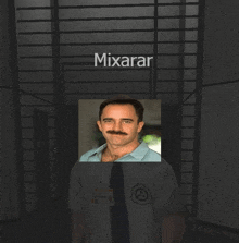 a man with a mustache is standing in front of a sign that says mixaran