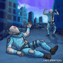 a cartoon drawing of a man laying on the ground with the word decimated below him