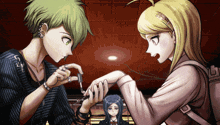 a couple of anime characters standing next to each other with one of them holding something